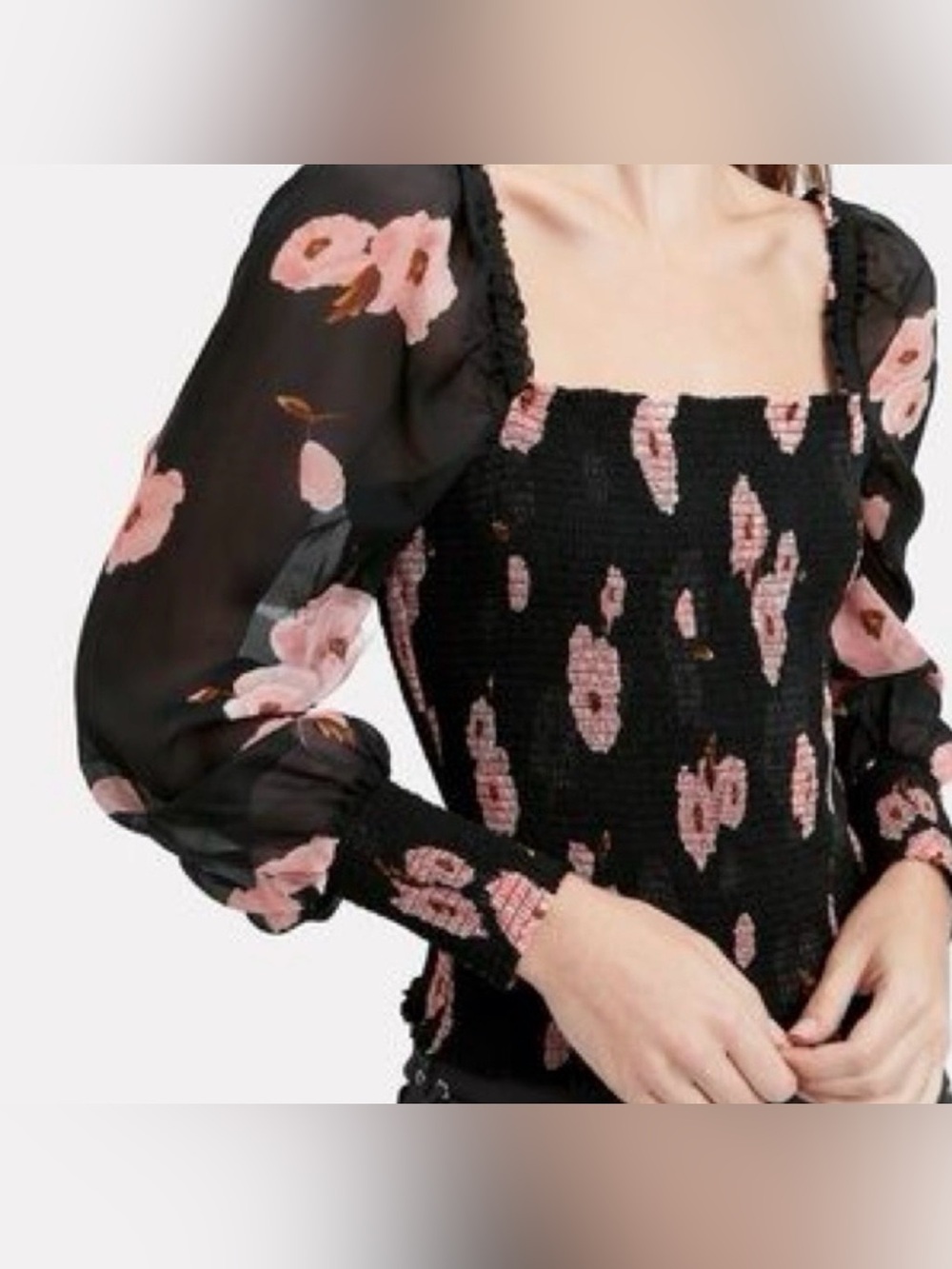 Intermix Smocked Silk Black Floral Top